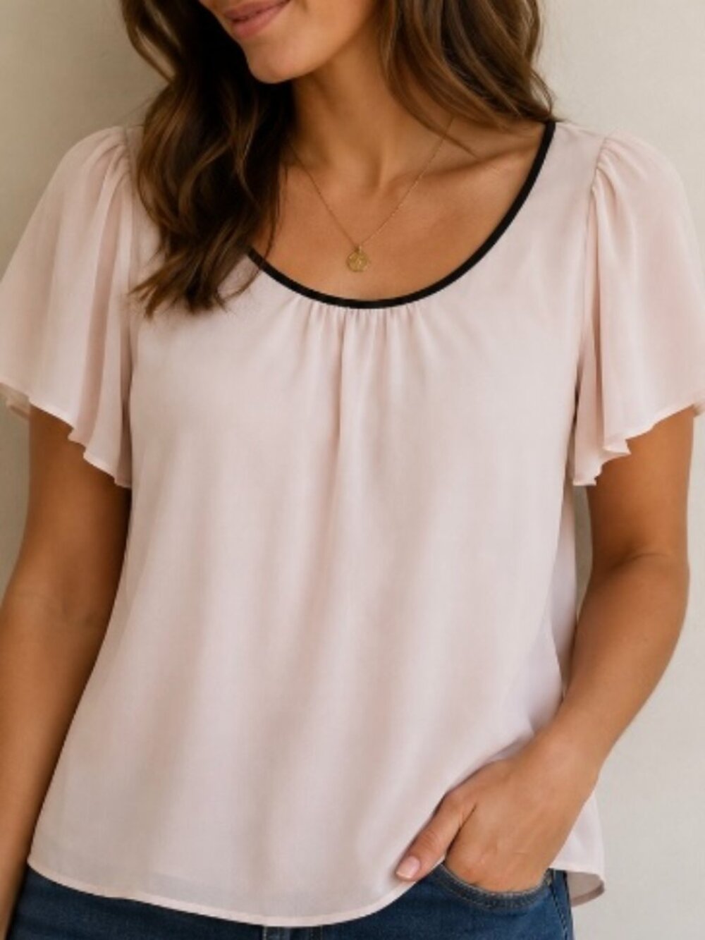 J. Crew Cream Colored, Drapey Flutter Sleeve Blouse with Black Piping